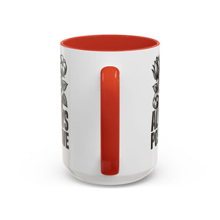 White mug with red interior and handle, featuring floral design and text.