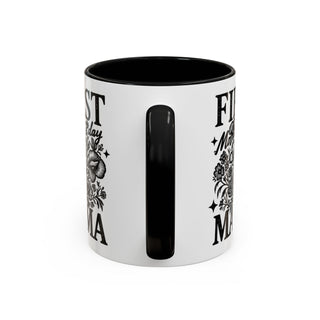 Black and white mug with "First Mama" and floral designs.