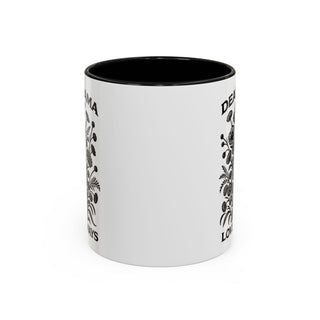 White mug with black interior and floral design, "DEATH" and "ALWAYS" text.