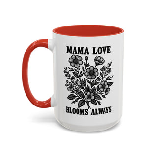 White ceramic mug with red handle and interior, featuring floral illustration and text.