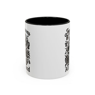 Mug with floral design and text "Joyful." and "All around."