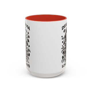White mug with orange interior and floral designs, text reads "DEAR MAMA ALWAYS LOVE YOU".