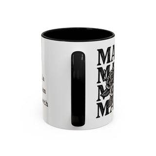 Mug with "Mama" repeated and floral designs, featuring names on the side.