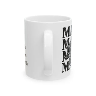 White mug with "Mama" repeated in text and floral design.