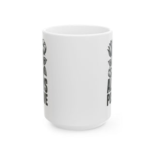 White mug with black rose design and "Always Divine" text on the left.