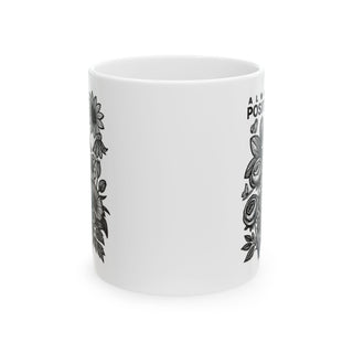 White mug with floral design and text "ALWAYS POSITIVE".