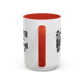 White mug with red interior and "Mom" design on the side.