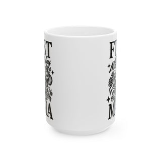 White mug with "First Mama" and floral design.