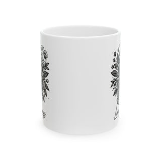 White mug with floral designs and text "Always" and "Love".