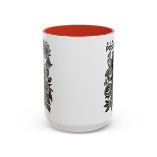 White mug with red interior and floral design, "ALW POSIT" text.