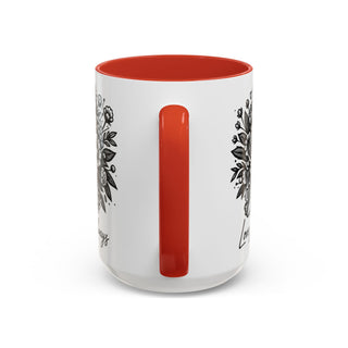 White mug with red interior and black floral design, "Love always" text.