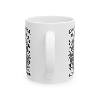 White mug with floral design and "DEAR MAMA LOVE ALWAYS" text.