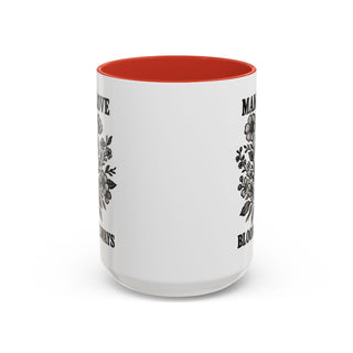White mug with red interior and floral designs, text reads "ALWAYS".
