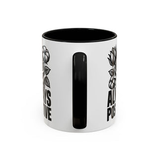 Black and white mug with floral design and "ALWAYS POSITIVE" text.