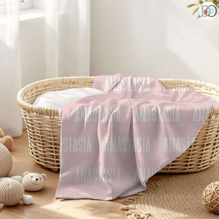 personalized name blankets in soft green, dusty lilac, deep rose, blush, and charcoal grey—each featuring a custom name in unique fonts for a cozy, heartfelt keepsake.