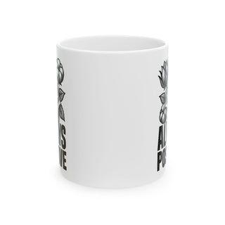 White ceramic mug with black floral design and "Always Positive" text.