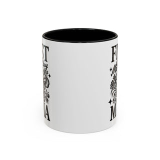 White mug with black interior and "First Mother's Day" text and floral design.