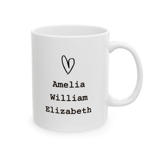 White mug with heart and names Amelia, William, Elizabeth.
