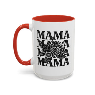White mug with red handle and interior, featuring "Mama" repeated with floral accents.