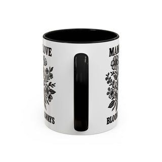 Black and white floral mug with "Mama, always in my blood" text.
