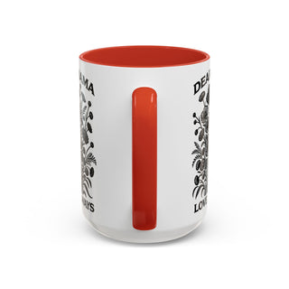 White mug with red interior, "DEAR MAMA ALWAYS LOVE YOU" text and floral design.