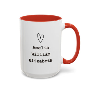 White mug with red handle and rim, features handwritten names: Amelia, William, Elizabeth.