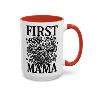 White mug with red handle and interior, featuring "First Mother's Day Mama" floral design.