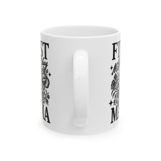 White mug with "First Mama" and floral design.