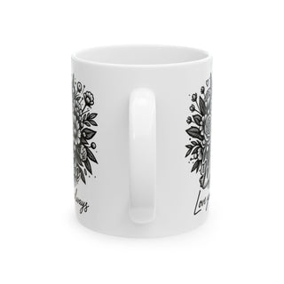 White mug with floral designs and "Love you always" text.