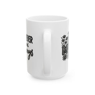 White mug with "Mom" and floral design.