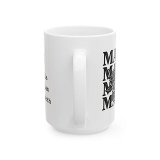 White mug with "Mama" repeated in black text and floral graphic.