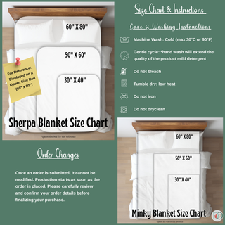 doveora Personalized blanket size & care chart for customized minky and sherpa name blankets: 30x40, 50x60, 60x80; machine wash cold, gentle cycle, tumble dry low; do not bleach, iron, or dry clean.